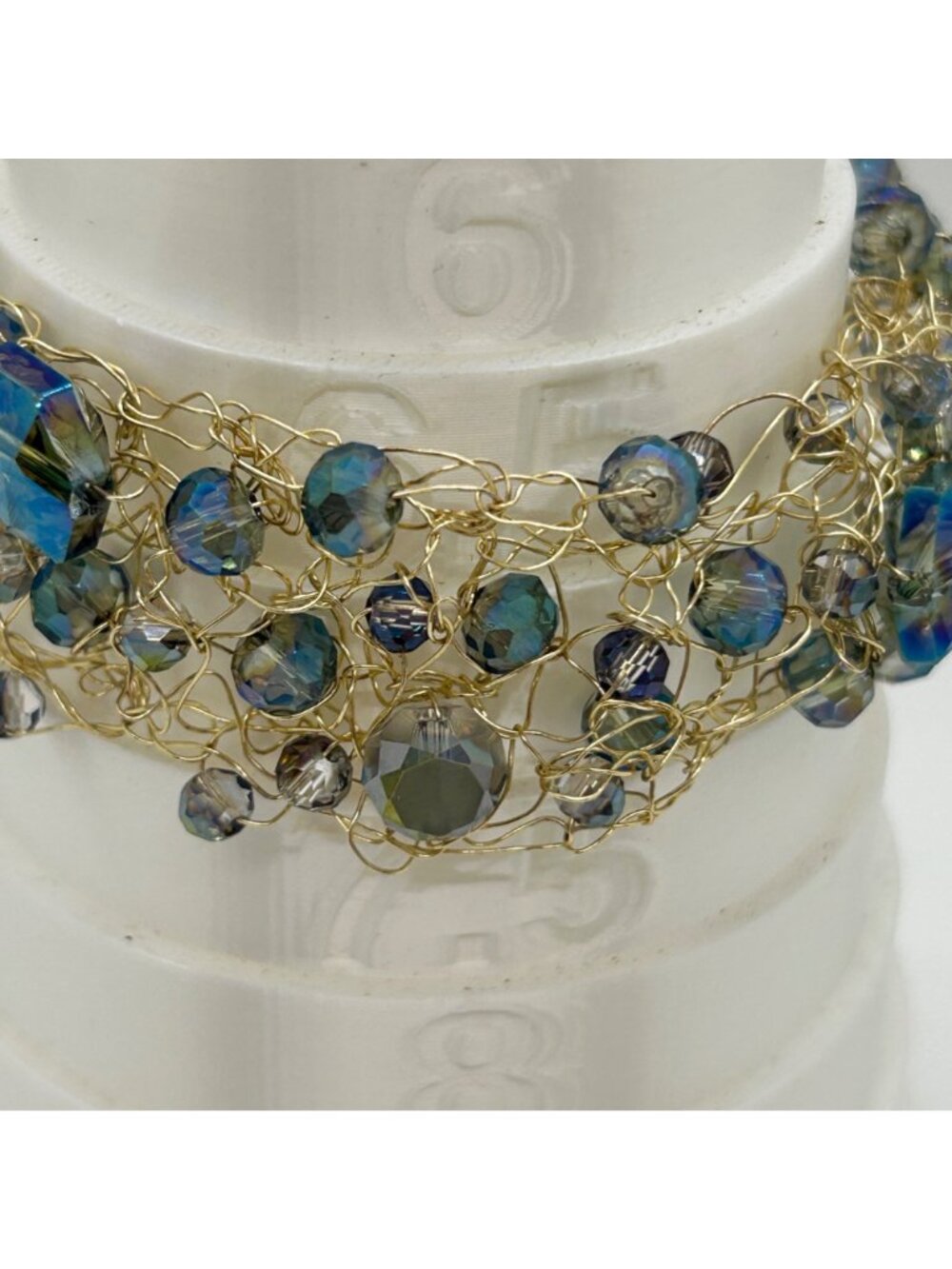 Handmade Gold-Tone Wire Crochet Bracelet Blue Crystal Beads Woven Mesh Statement - Picture 9 of 10